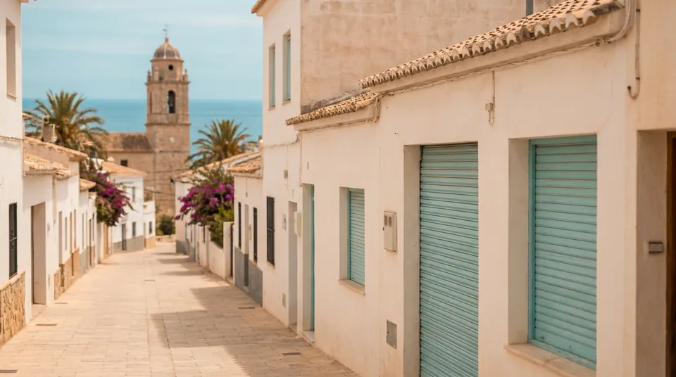 Calle de casas bajas con persianas y la torre de una iglesia al fondo