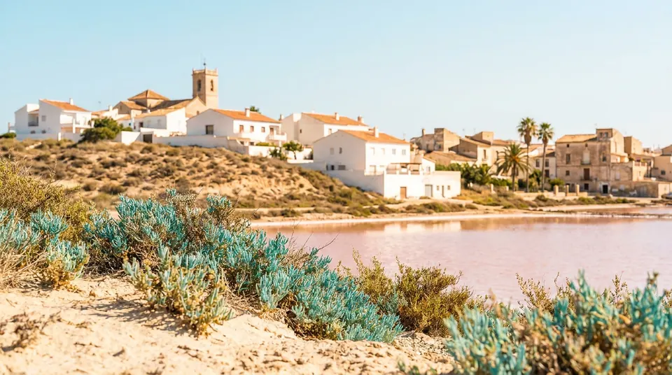 Pueblo de casas blancas sobre una laguna salada de tono rosado