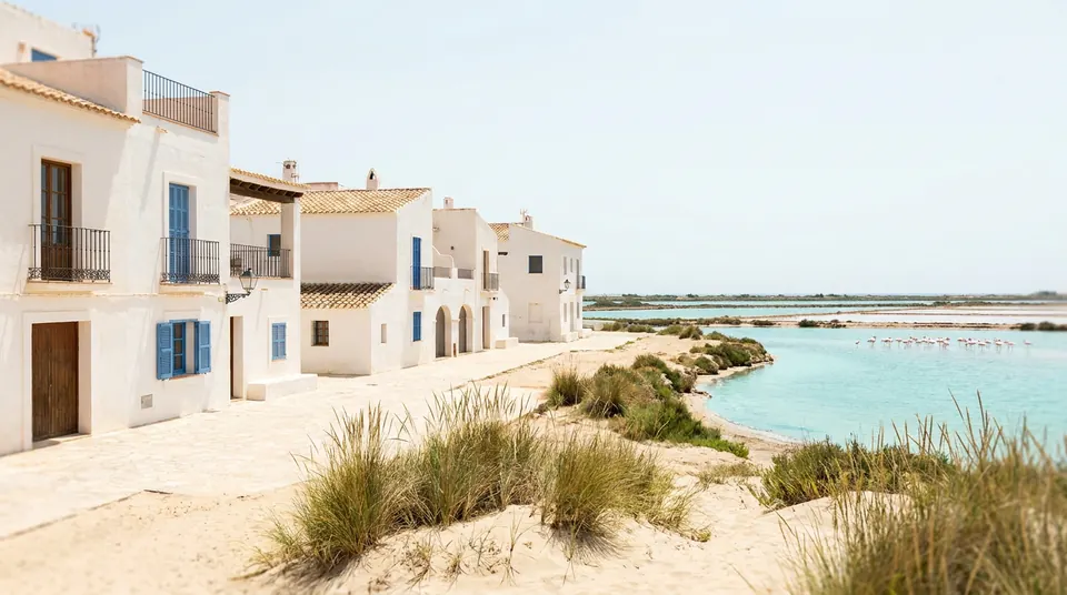 Casas blancas junto a las salinas y la orilla del mar
