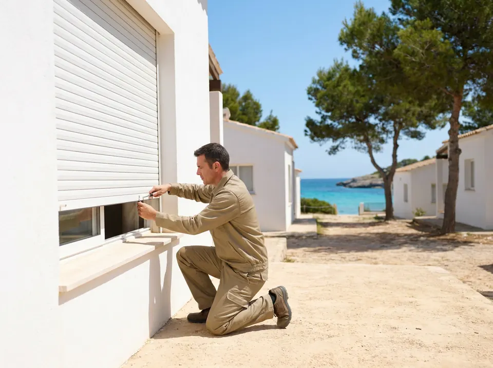 Técnico ajustando una persiana enrollable blanca en una casa de la costa