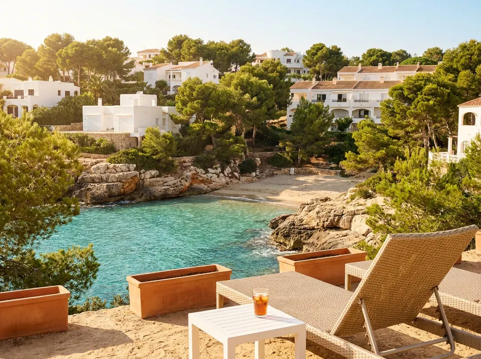 Cala de aguas claras entre pinos y casas blancas de la costa